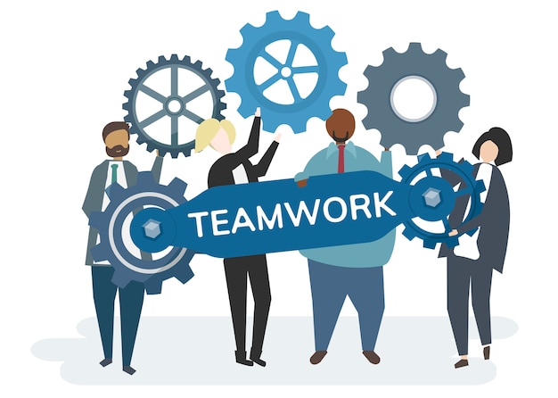 Illustration of character with cogwheel gears portraying teamwork concept