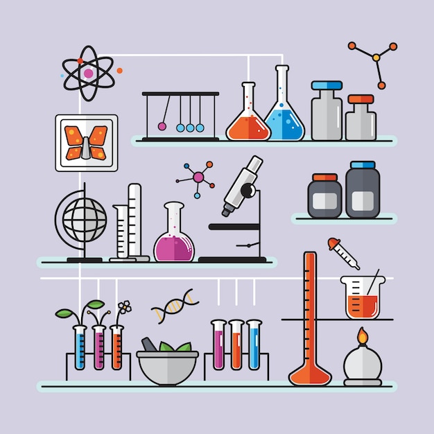 Vettore gratuito illustrazione di strumenti di laboratorio di chimica impostato