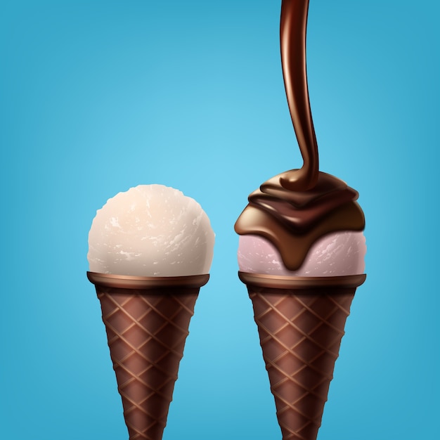 Illustrazione di sciroppo di cioccolato versato sul gelato e scoop nel cono isolato