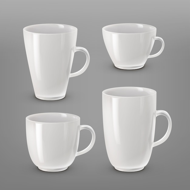 Illustration of collection of various white cups and mugs for coffee or tea isolated