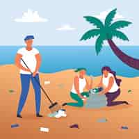 Free vector illustration concept people cleaning beach