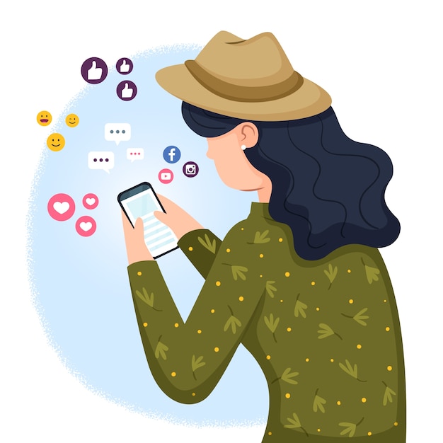 Free vector illustration concept with person addicted to social media