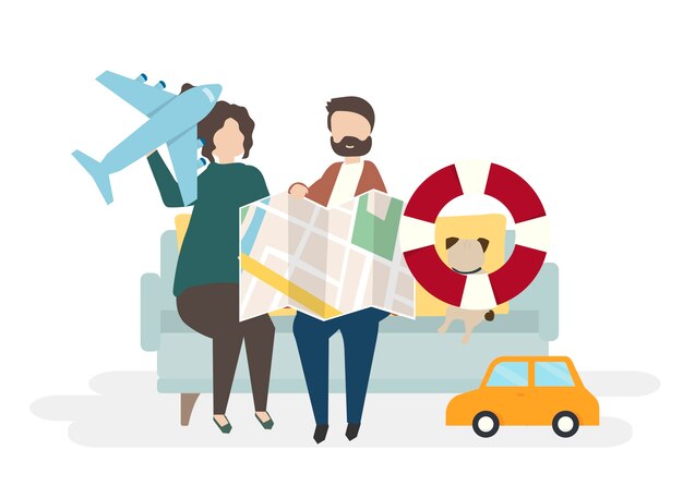 Free vector illustration of couple characters with traveling concept