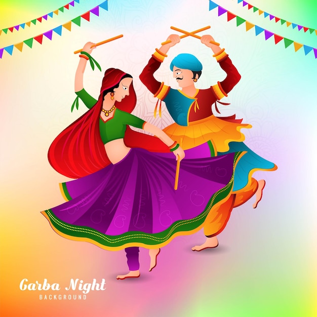 Vettore gratuito illustrazione delle coppie che giocano a dandiya in discoteca garba notte sullo sfondo di celebrazione