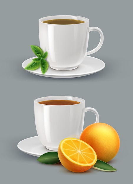 ミントと柑橘類とお茶のイラスト