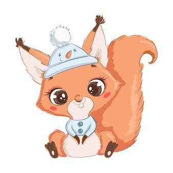 Illustration of a cute cartoon squirrel isolated on a white background. cute cartoon animals.