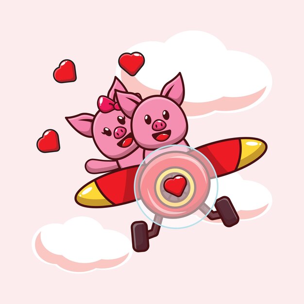 イラスト飛行機で飛んで恋に落ちるかわいいパンダ プレミアムベクター