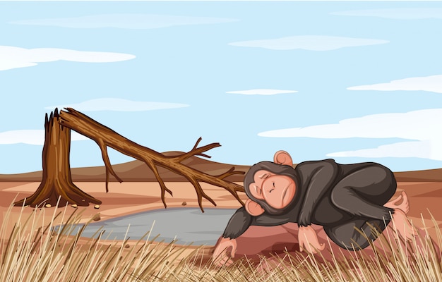 Vettore gratuito scena di disboscamento dell'illustrazione con la scimmia morente