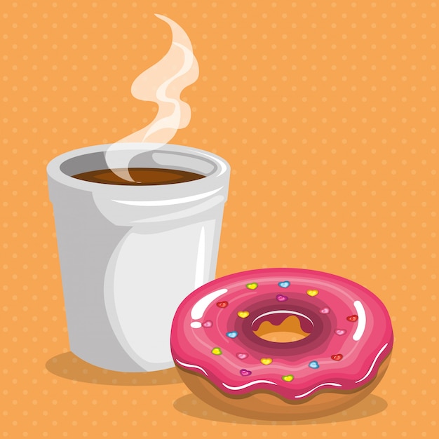 Illustration of delicious coffee plastic pot and donut