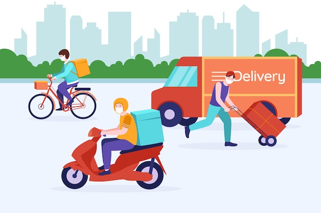 Free vector illustration of delivery service with masks concept