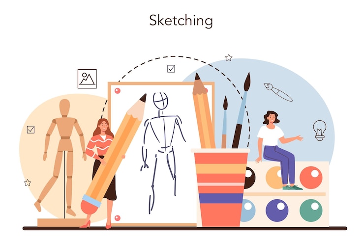 Free Vector illustration designer artist drawing picture for book and magazines in sketch technique modern creative profession isolated vector illustration
