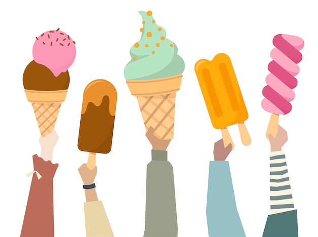 L'illustrazione di diverse persone che tengono i gelati colorati