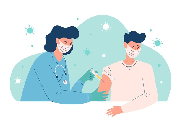 Illustration of doctor injecting vaccine to a patient in clinic