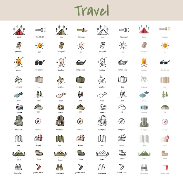 Illustration drawing style of camping icons collection