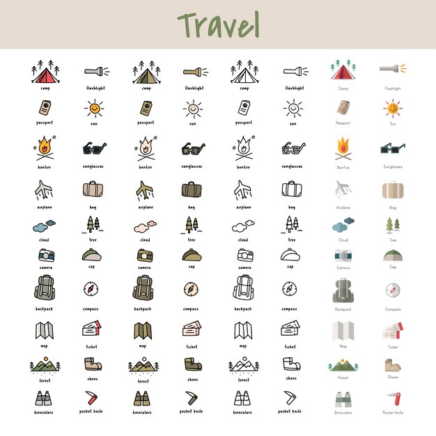 Illustration drawing style of camping icons collection