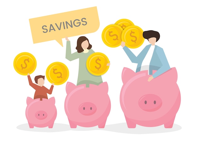 Free vector illustration of a family with a piggy bank