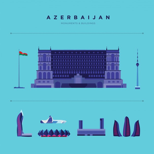 illustration of famous places and monuments in Azerbaijan.