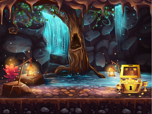 Free Vector | Treasure cave with golden coins in chest and wooden