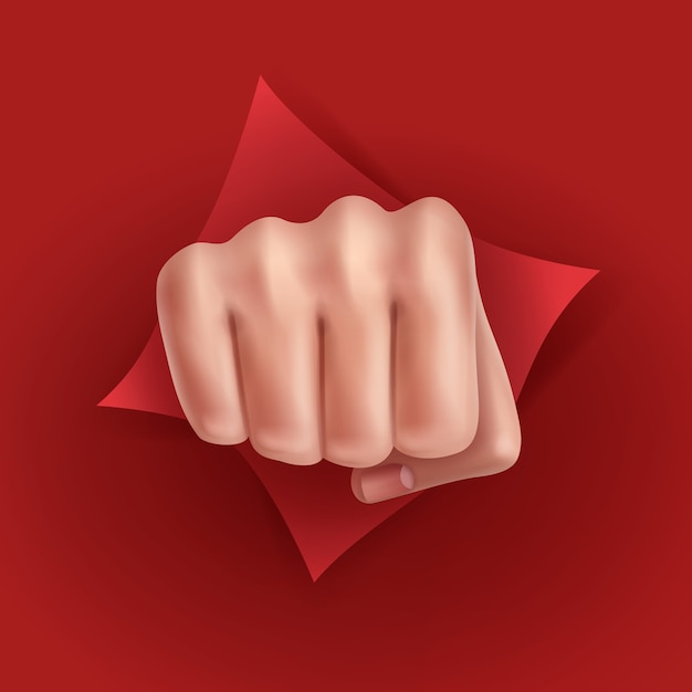 illustration of fist punching through red paper