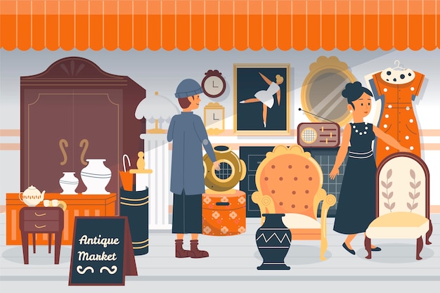 Illustration of flat antique market with different objects