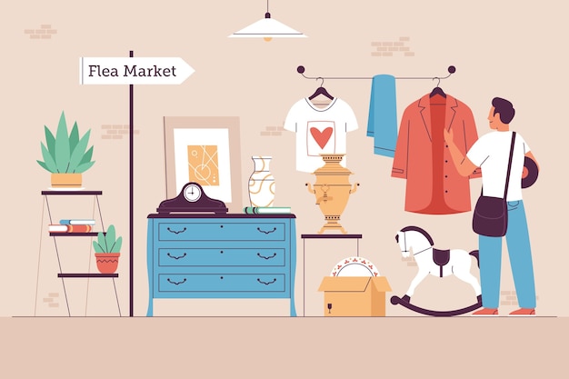Illustration of flat antique market with different objects