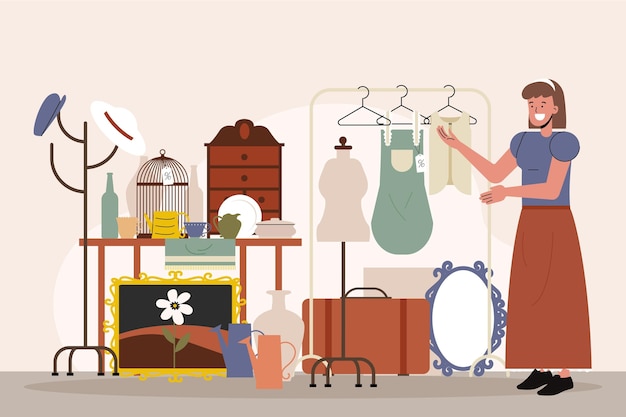 Illustration of flat antique market with different objects