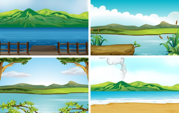 4つの異なる湖の風景のイラスト