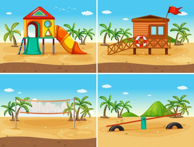 Illustration of four play station on the beach