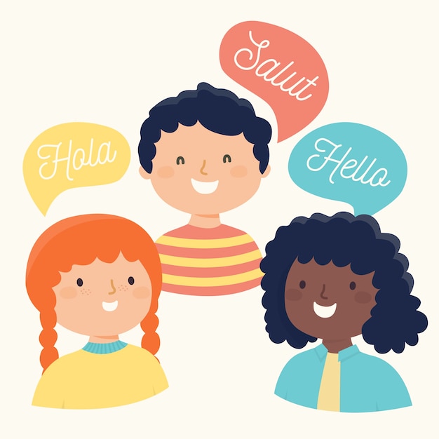 Free vector illustration of friends saying hello in different languages