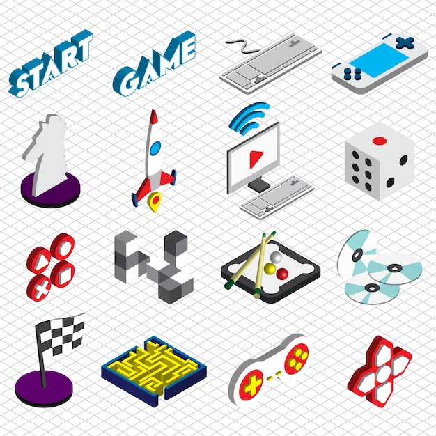 Illustrazione delle icone di gioco impostare concetto in grafica isometrica
