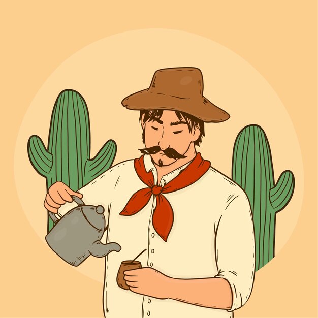 Illustration of gaucho drinking mate in hand drawn style