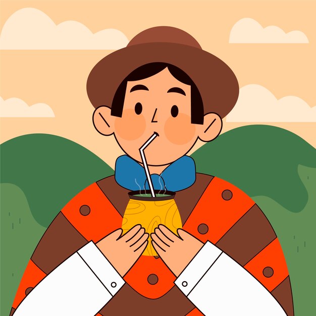 Illustration of gaucho drinking mate in hand drawn style