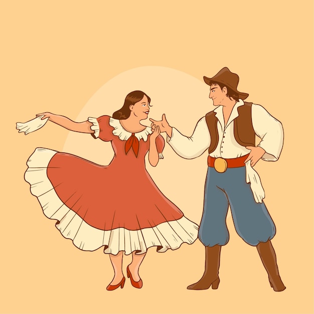 Free vector illustration of gaucho and woman dancing in hand drawn style