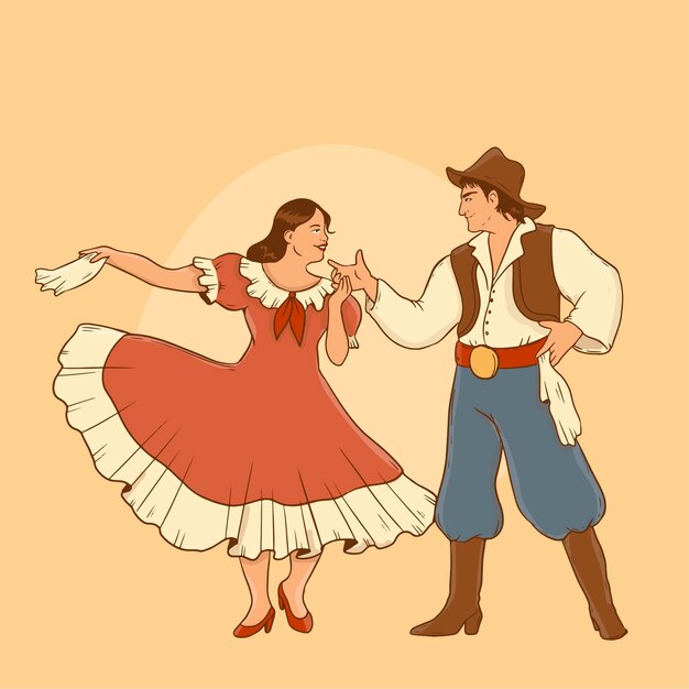 ガウチョと手描きのスタイルで踊る女性のイラスト
