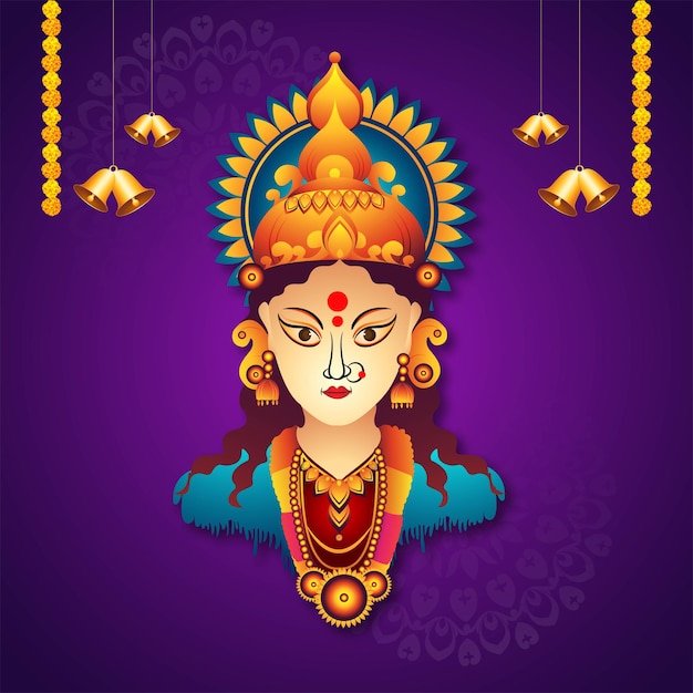 Illustration of goddess durga face in happy durga puja subh navratri background