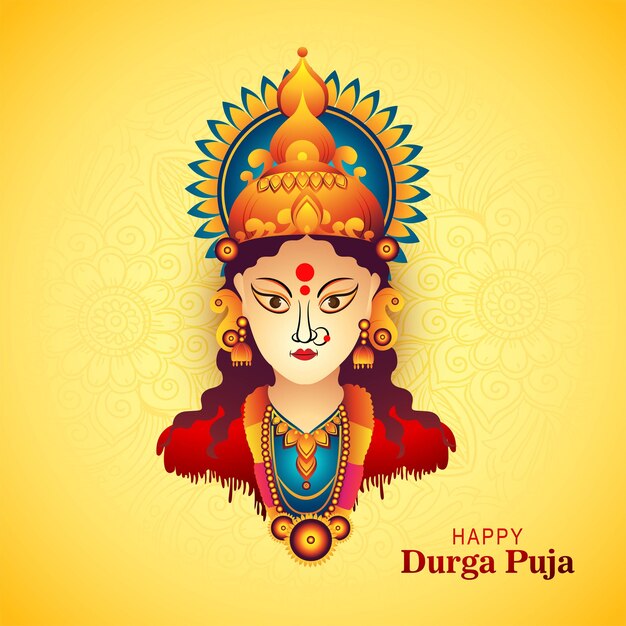 Illustration of goddess durga face in happy durga puja subh navratri background
