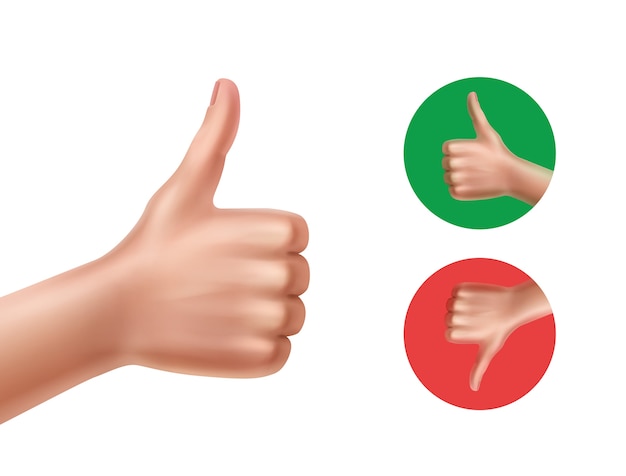 Free vector illustration of good and bad with hands showing thumbs up and down