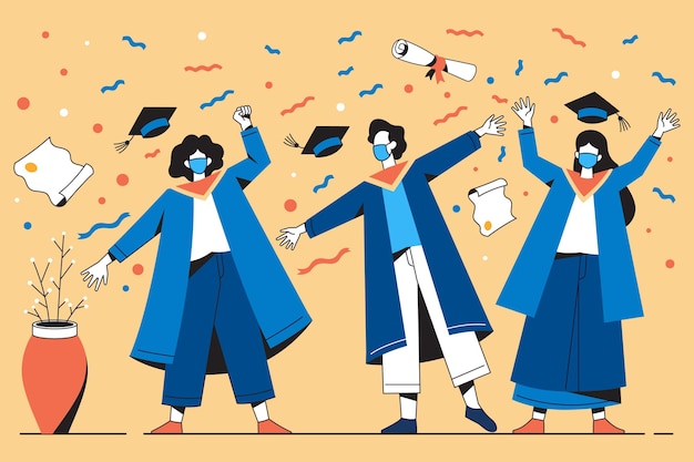 Illustration of graduates wearing medical masks at their ceremony