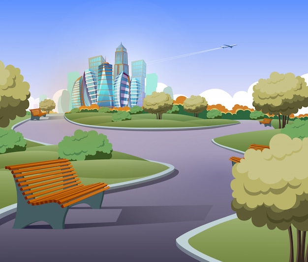 Free vector illustration of green parkland with trees, bushes in cartoon style. lawn with benches