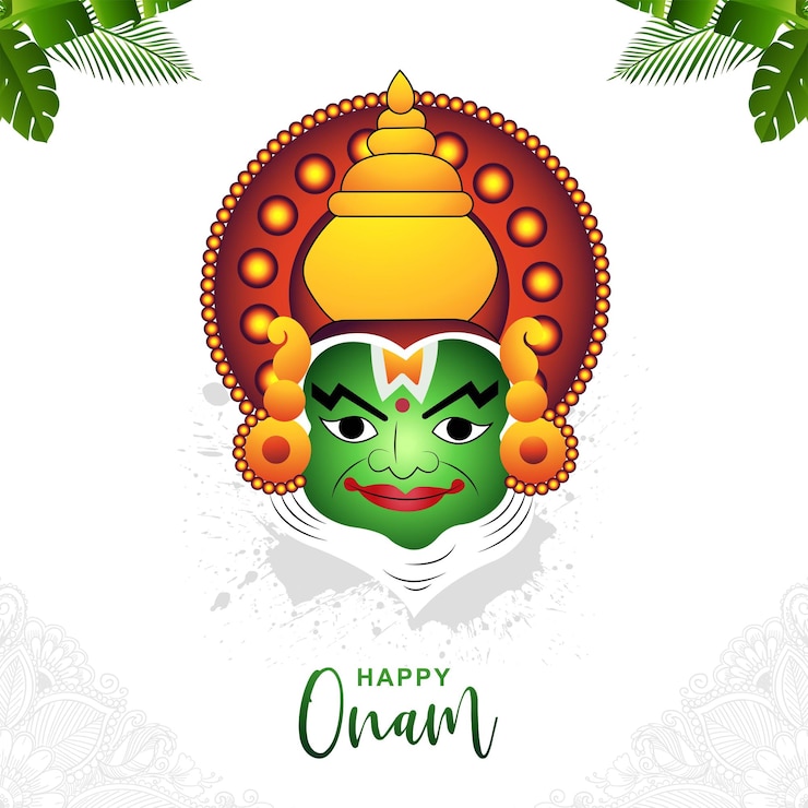 Free Vector illustration of greeting card for south indian festival onam with kathakali face background