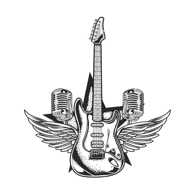 illustration of guitar, two microphones and wings