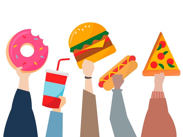 illustration of hands holding junk food