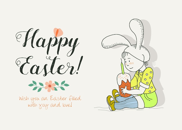 Illustration of happy easter. a kid in a rabbit costume with a cake