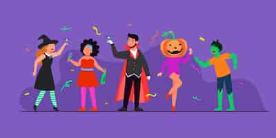 Vettore gratuito illustrazione della celebrazione di happy halloween (dolcetto o scherzetto) con personaggi
