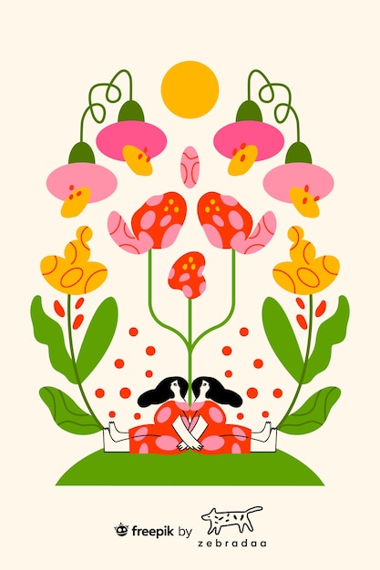 Free vector illustration of little woman sitting under flowers