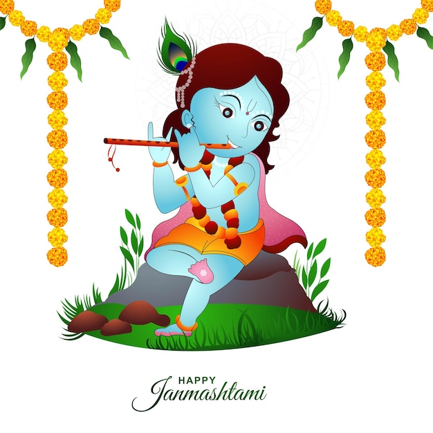 Illustration of lord krishana in happy janmashtami holiday background