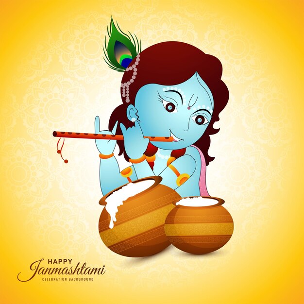 Illustration of lord krishna playing bansuri or dahi handi happy janmashtami card background