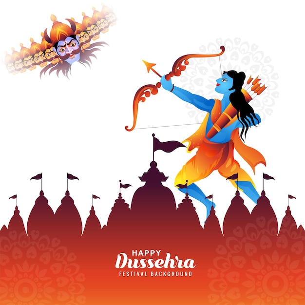 Illustrazione di lord rama che uccide ravana in un felice festival di dussehra sullo sfondo