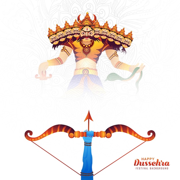 Vettore gratuito illustrazione di lord rama che uccide ravana in un felice festival di dussehra sullo sfondo