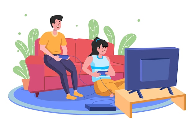 Illustrazione dell'uomo e della donna che giocano videogioco 0